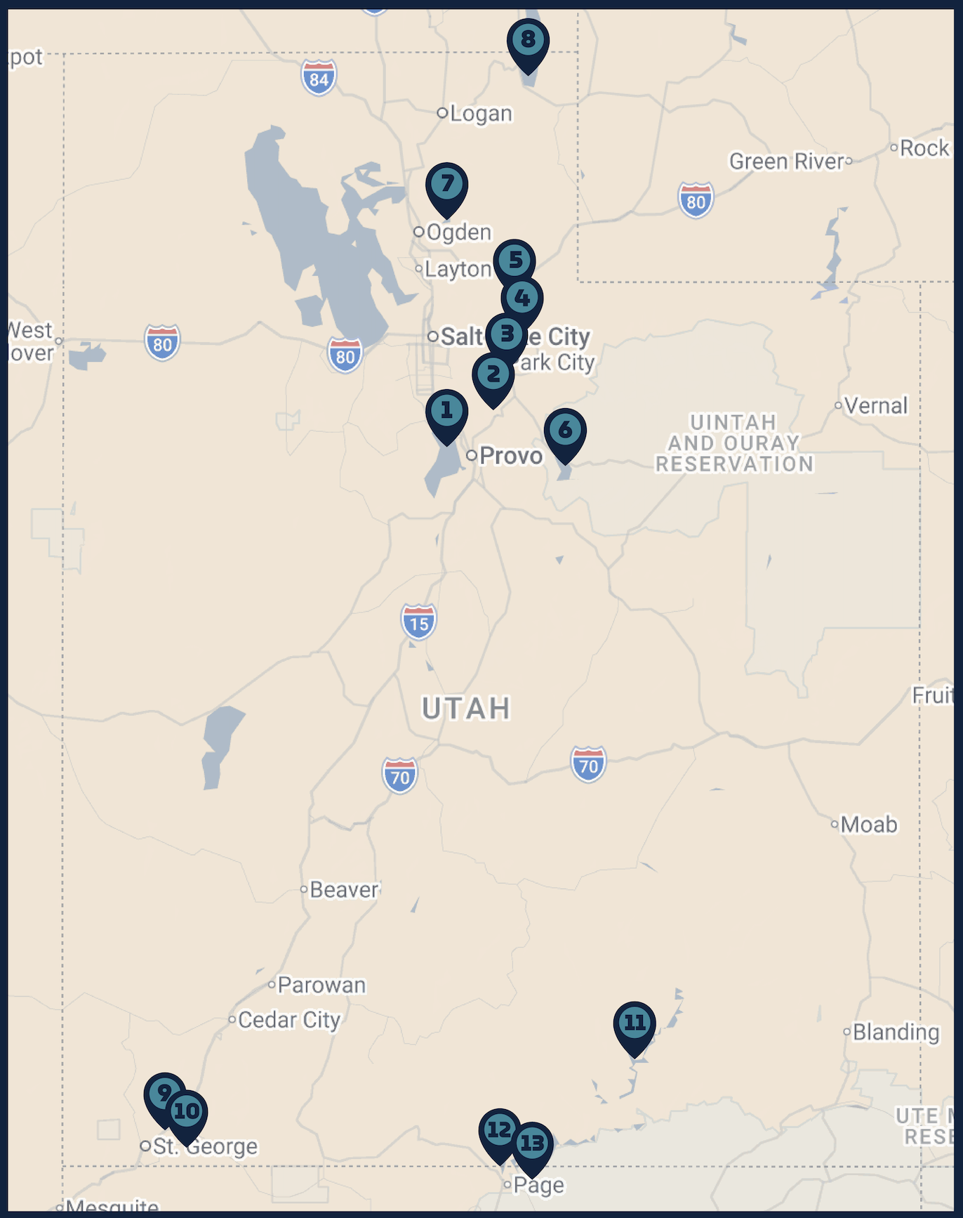 Map of Escape Outdoor Rentals boat delivery locations across Utah and Lake Powell with pricing